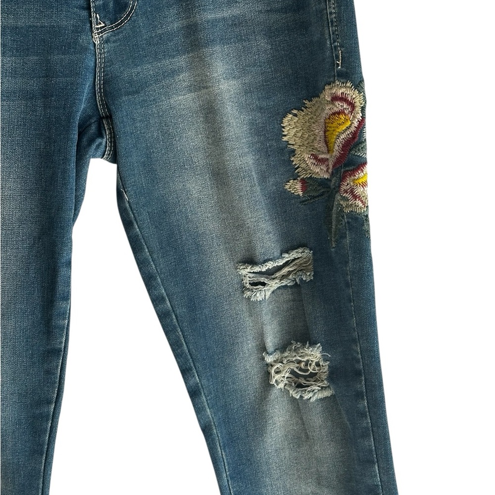 YMI Distressed Blue Jeans with Floral Embroidery,Distressed,Boho Style - Picture 3 of 12